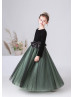 Long Sleeves Black And Green Velvet Tulle Flower Girl Dress